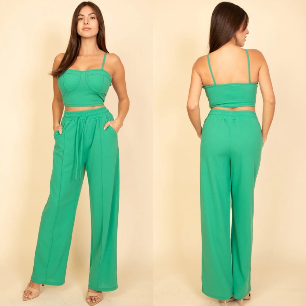 NEW Green Bustier Crop Top & High Waist Straight Legged Set Sz S